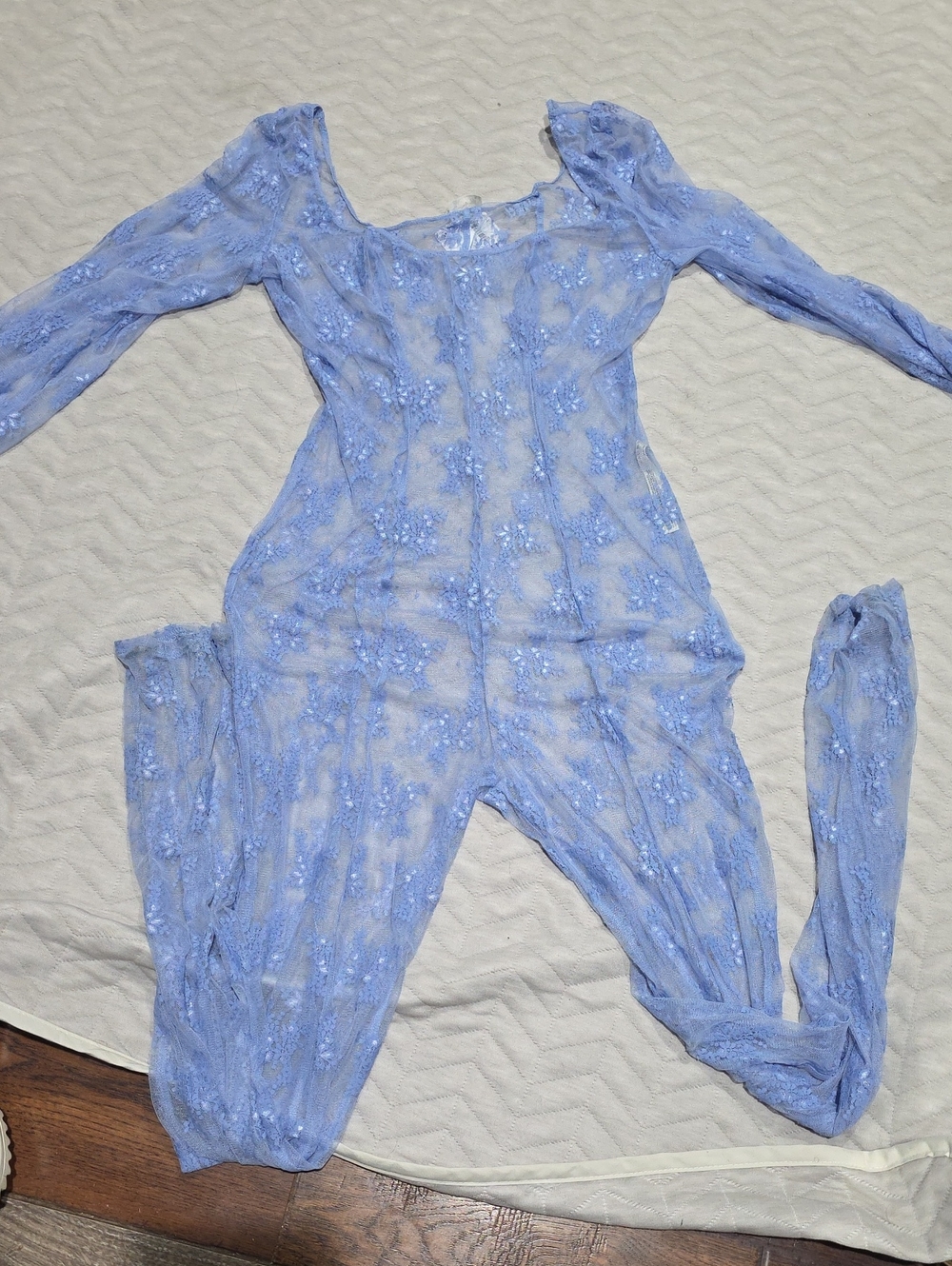 Sheer Lace Long-Sleeve Jumpsuit Bodysuit - Light Blue